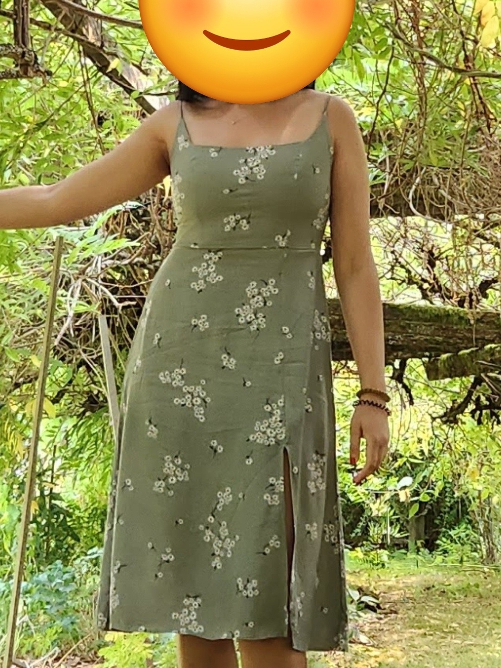 Spaghetti-Strap Olive Green Floral Midi Dress